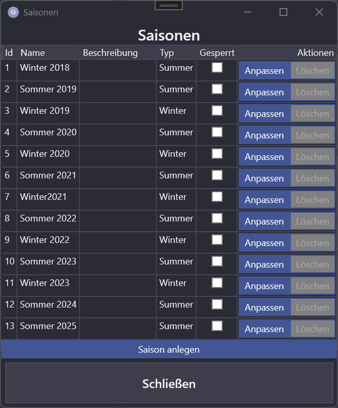 Season overview window